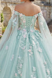 Vestido de Baile Verde Aplicado Ombro Descoberto Vestido Quinceañera com Mangas Capa