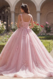 Vestido de baile cor-de-rosa com alças finas com espartilho e vestido de baile Quinceañera