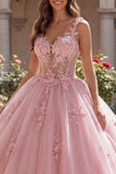 Vestido de baile cor-de-rosa com alças finas com espartilho e vestido de baile Quinceañera
