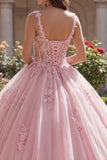 Vestido de baile cor-de-rosa com alças finas com espartilho e vestido de baile Quinceañera