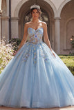 Vestido de baile Quinceañera Espartilho Azul Sem Alças Aplicado
