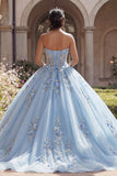 Vestido de baile Quinceañera Espartilho Azul Sem Alças Aplicado