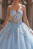 Vestido de baile Quinceañera Espartilho Azul Sem Alças Aplicado
