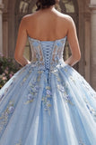 Vestido de baile Quinceañera Espartilho Azul Sem Alças Aplicado