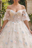 Vestido de baile floral de espartilho champanhe Quinceañera