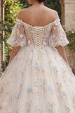 Vestido de baile floral de espartilho champanhe Quinceañera