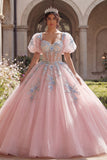 Vestido de Baile Corset Cor-de-Rosa com Aplicações Quinceañera e Mangas Bufantes