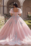 Vestido de Baile Corset Cor-de-Rosa com Aplicações Quinceañera e Mangas Bufantes