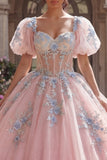 Vestido de Baile Corset Cor-de-Rosa com Aplicações Quinceañera e Mangas Bufantes