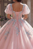 Vestido de Baile Corset Cor-de-Rosa com Aplicações Quinceañera e Mangas Bufantes