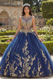 Vestido de baile Quinceañera com espartilho de gola redonda azul-marinho