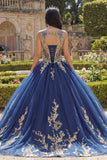 Vestido de baile Quinceañera com espartilho de gola redonda azul-marinho