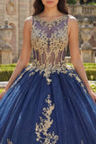 Vestido de baile Quinceañera com espartilho de gola redonda azul-marinho