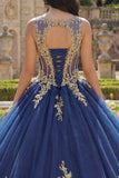 Vestido de baile Quinceañera com espartilho de gola redonda azul-marinho