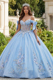 Vestido de baile azul com espartilho de ombro frio aplicado à Quinceañera