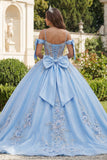 Vestido de baile azul com espartilho de ombro frio aplicado à Quinceañera