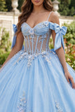 Vestido de baile azul com espartilho de ombro frio aplicado à Quinceañera