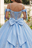 Vestido de baile azul com espartilho de ombro frio aplicado à Quinceañera