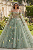 Vestido de Baile Verde Ombro Descoberto Vestido Floral Quinceañera com Mangas Capa
