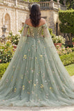 Vestido de Baile Verde Ombro Descoberto Vestido Floral Quinceañera com Mangas Capa