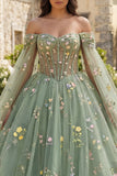Vestido de Baile Verde Ombro Descoberto Vestido Floral Quinceañera com Mangas Capa