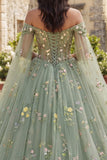 Vestido de Baile Verde Ombro Descoberto Vestido Floral Quinceañera com Mangas Capa