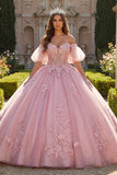 Vestido de baile Quinceañera Rosa Aplicado com Ombros Descobertos e Mangas Bufantes
