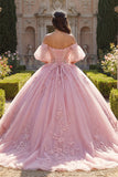 Vestido de baile Quinceañera Rosa Aplicado com Ombros Descobertos e Mangas Bufantes