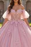 Vestido de baile Quinceañera Rosa Aplicado com Ombros Descobertos e Mangas Bufantes