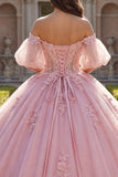 Vestido de baile Quinceañera Rosa Aplicado com Ombros Descobertos e Mangas Bufantes