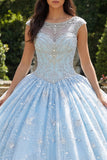 Vestido de baile azul celeste com gola ilusão com gola Quinceañera