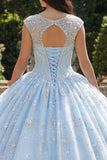 Vestido de baile azul celeste com gola ilusão com gola Quinceañera