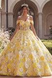 Vestido de baile amarelo com espartilho ao ombro descoberto, vestido de quinceañera