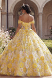 Vestido de baile amarelo com espartilho ao ombro descoberto, vestido de quinceañera