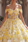 Vestido de baile amarelo com espartilho ao ombro descoberto, vestido de quinceañera