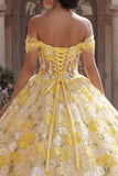 Vestido de baile amarelo com espartilho ao ombro descoberto, vestido de quinceañera