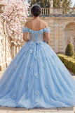 Vestido de baile ombro descoberto, corset azul pérolas Quinceañera com flores 3D