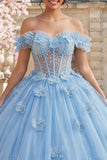Vestido de baile ombro descoberto, corset azul pérolas Quinceañera com flores 3D