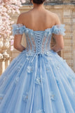 Vestido de baile ombro descoberto, corset azul pérolas Quinceañera com flores 3D