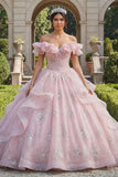 Vestido de baile de quinceanera cor-de-rosa com purinas e folhos com ombros descobertos