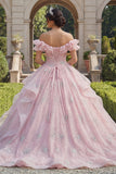 Vestido de baile de quinceanera cor-de-rosa com purinas e folhos com ombros descobertos