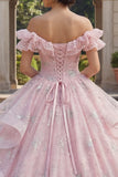 Vestido de baile de quinceanera cor-de-rosa com purinas e folhos com ombros descobertos