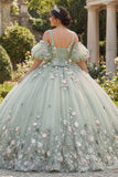 Vestido de baile verde sálvia Flores 3D Princesa Quinceañera com mangas bufantes