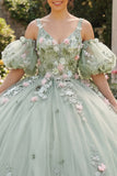 Vestido de baile verde sálvia Flores 3D Princesa Quinceañera com mangas bufantes