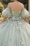 Vestido de baile verde sálvia Flores 3D Princesa Quinceañera com mangas bufantes