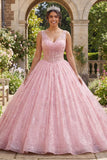 Vestido de baile corset cor-decote V cor-decote cor-de-rosa com purpurinas