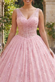 Vestido de baile corset cor-decote V cor-decote cor-de-rosa com purpurinas