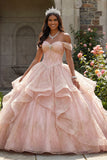 Vestido de Quinceanera Cor-de-Rosa com Missangas e Folhos Ombros Descobertos