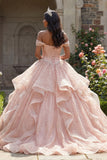 Vestido de Quinceanera Cor-de-Rosa com Missangas e Folhos Ombros Descobertos