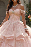 Vestido de Quinceanera Cor-de-Rosa com Missangas e Folhos Ombros Descobertos